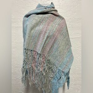 Vintage Macrame Woven Blue Pink Gray Striped Fringe Shawl Scarf Wrap 33 x 72